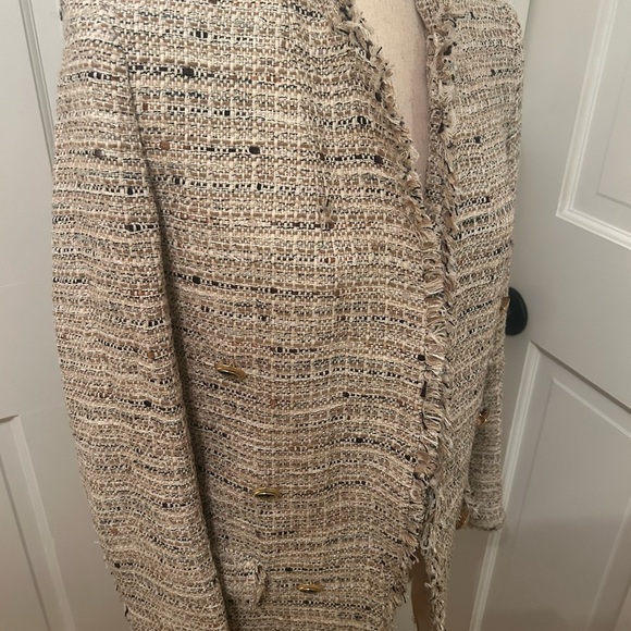 ZARA Tweed Open Blazer Jacket Tan Cream Sz Small - Picture 7 of 16